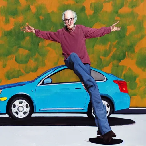 Prompt: larry david standing on top of prius, painting