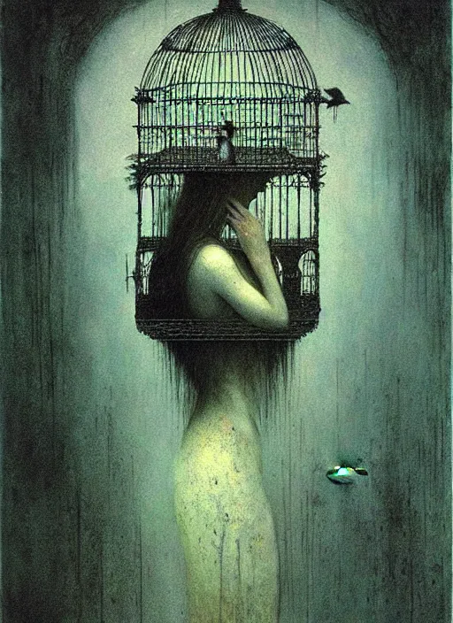 Image similar to girl inside birdcage by Beksinski