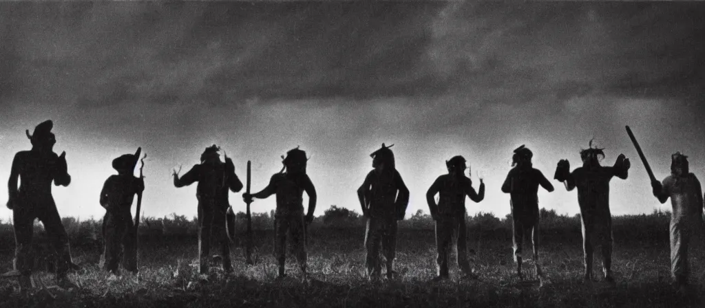 Image similar to circa 1 9 7 0 s restored 1 3 mm film photograph of a group of clowns in a field holding machetes at night, liminal, dark, thunderstorm, dark, flash on, blurry, ominous lighting