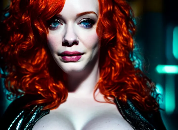 Prompt: portrait shot of christina hendricks in cyberpunk clothed, shiny skin, wet, oily, intricate, elegant, highly detailed, centered, zeiss lens, canon eos, cinematic lighting, photography, film still