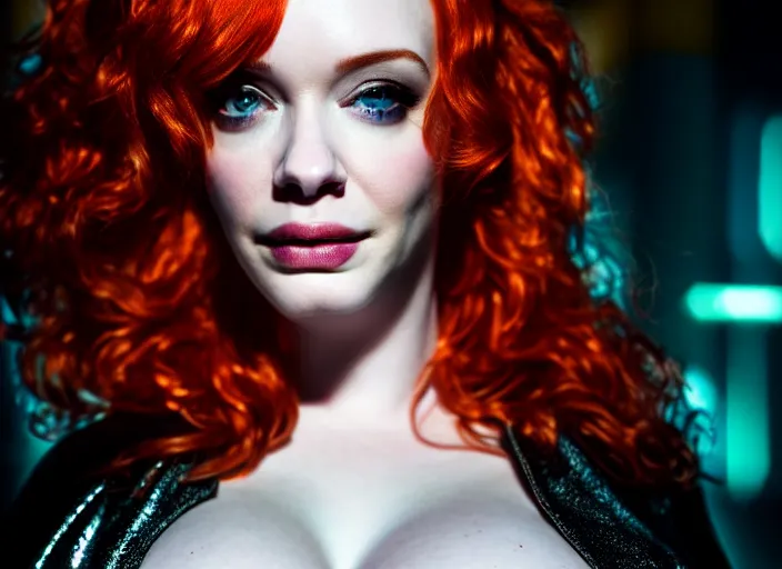 Image similar to portrait shot of christina hendricks in cyberpunk clothed, shiny skin, wet, oily, intricate, elegant, highly detailed, centered, zeiss lens, canon eos, cinematic lighting, photography, film still