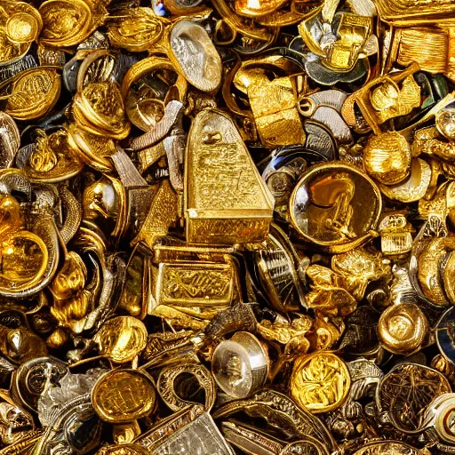 Prompt: A hoard filled with golden treasures lost to time, ultra-high definition, 4K, museum quality photo