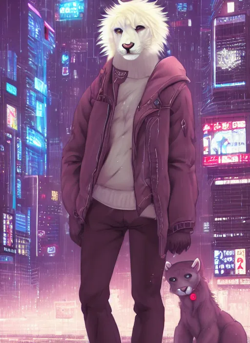 Image similar to character portrait of a male anthro albino mountain lion fursona with a tail and a cute beautiful attractive furry face wearing stylish cyberpunk clothes in a cyberpunk city at night while it rains. hidari, color page, tankoban, 4K, tone mapping, Akihiko Yoshida.