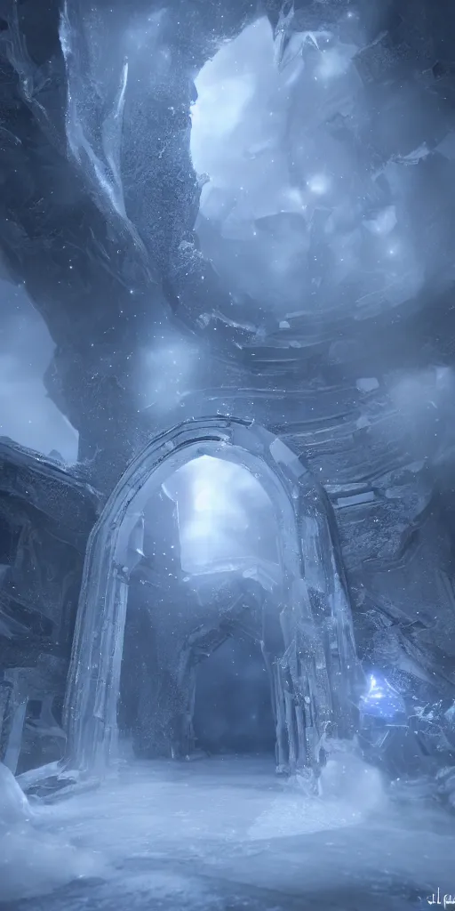 Image similar to interdimensional galaxy portal covered in frost, ice gate, volumetric light, volumetric fog, unreal engine, photorealistic, 8 k