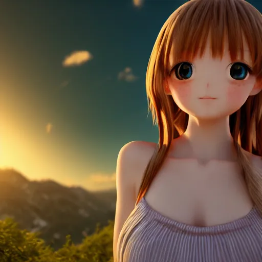 Image similar to Render of a very beautiful 3d anime girl, long hair, hazel eyes, cute freckles, full round face, short smile, cute sundress, golden hour, serene mountain setting, medium shot, mid-shot, highly detailed, trending on Artstation, Unreal Engine 4k