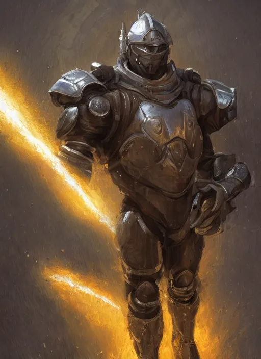 Image similar to medium-length portrait of a male paladin with short curly hair and a salt-and-pepper beard, dark brown skin, happy expression, wears a suit of power armor, magitech!, powered by an arcane core!, medieval setting, highly detailed, digital painting, (artstation), concept art, sharp focus, illustration, art by greg rutkowski and alphonse mucha