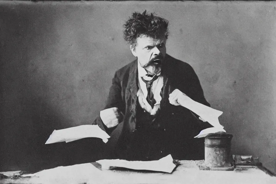 Prompt: wet plate photograph, august strindberg angry shouting throwing papers and banging his fist on a secretary desk in a small messy viennese apartment, night time, alone, lamplight, victorian era, some large bugs, depth of field, very detailed, cigarette smoke, highly accurate, intricate