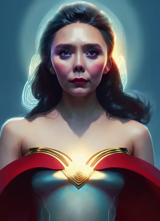 Image similar to portrait of modern darna, elizabeth olsen, intricate, elegant, glowing lights, highly detailed, digital painting, artstation, glamor pose, concept art, smooth, sharp focus, illustration, art by wlop, mars ravelo and greg rutkowski