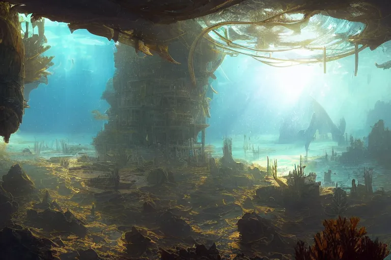 Prompt: a scenic landscaping view of the lost and abandoned city of Atlantic under water, ray of sunlight, whale fall, Greg Rutkowski, Moebius, Mohrbacher, Mucha, blue and gold color scheme, ultra wide angle, light effect