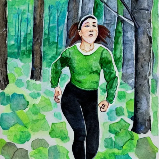 Image similar to a female orienteer wearing a green long - sleeved shirt and black tights runs in the forest, watercolor on canvas.