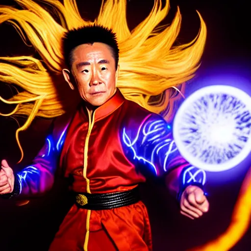 Image similar to uhd candid photo of cosmic jet li as a super sayian powering up, glowing, global illumination, studio lighting, radiant light, hyperdetailed, correct face, elaborate intricate costume. photo by annie leibowitz