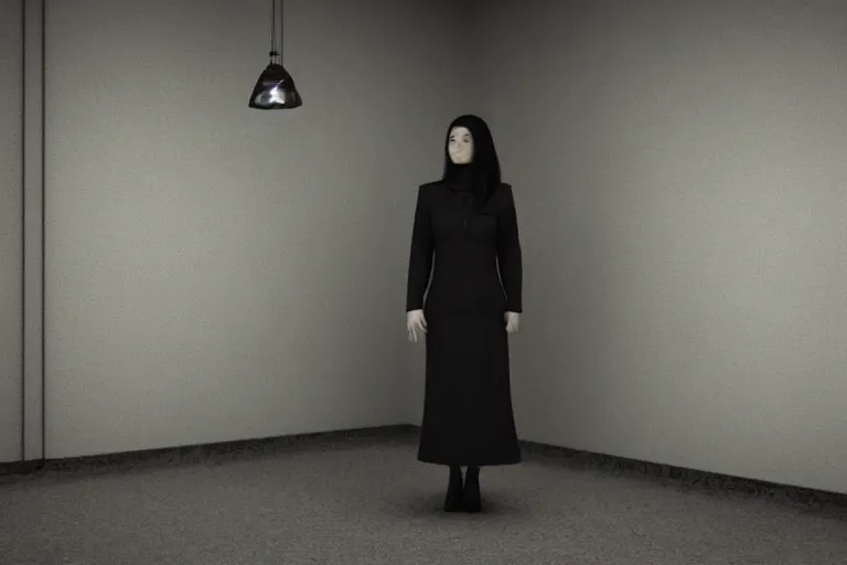 Image similar to a creepy woman wearing all black, standing in a dark, eerie room, melancholic, dreary, sinister, 3D render,