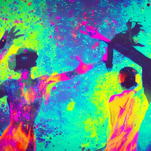 Prompt: A dance between human and technologies in a fluid setting with bright colors and speckles of darkness