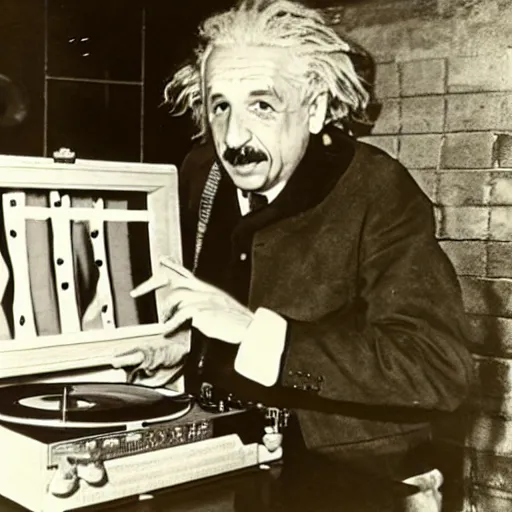 Image similar to photo of Albert Einstein DJing a record player at a nightclub, vintage, highly detailed facial features, at a nightclub