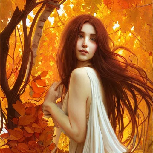 Prompt: a person with super long hair, hair becoming autumn red leaves, digital painting, art by artgerm and greg rutkowski and alphonse mucha