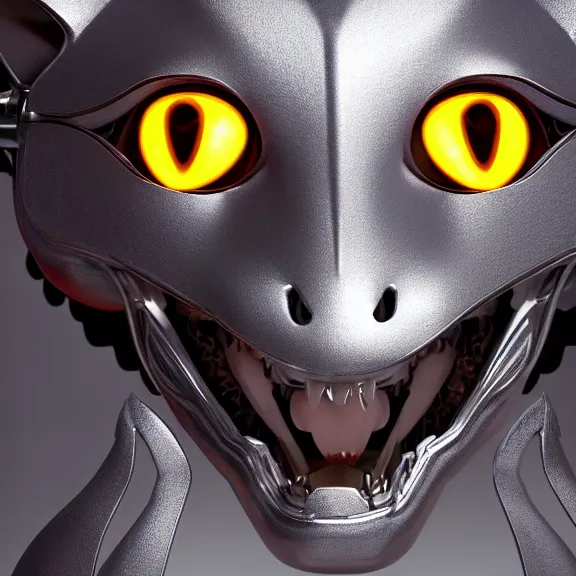 Prompt: close up headshot of a cute beautiful stunning anthropomorphic female robot dragon, with metal cat ears, with sleek silver metal armor, glowing OLED visor, facing the camera, high quality maw open and about to eat you, you being dragon food, the open maw being detailed and soft and warm looking, highly detailed digital art, furry art, anthro art, sci fi, warframe art, destiny art, high quality, 3D realistic, dragon mawshot, maw art, furry mawshot, macro art, dragon art, Furaffinity, Deviantart