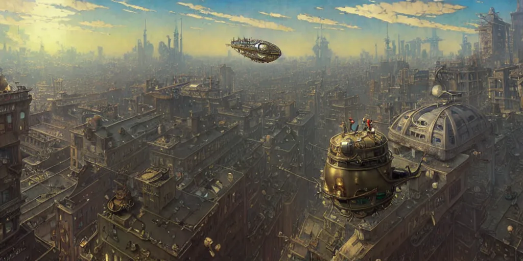 Image similar to steampunk airship above a busy city, exquisite details, denoised, mid view, by norman rockwell, karl kopinski, artsation, greg rutkowski, makoto shinkai, takashi takeuchi, studio ghibli