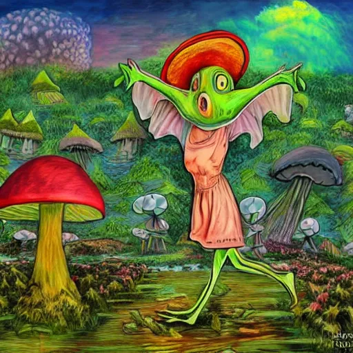 Prompt: Scary godlike fairy killing a frog ,detailed mushroom village in the background , Taras Shevchenko style, post-processing, fantasy , masterpiece , junji ito, painting , psychedelic colored