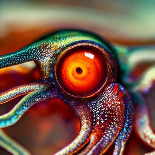 Image similar to fiery whimsical emotional eyes cephalopod, in a photorealistic macro photograph with shallow dof