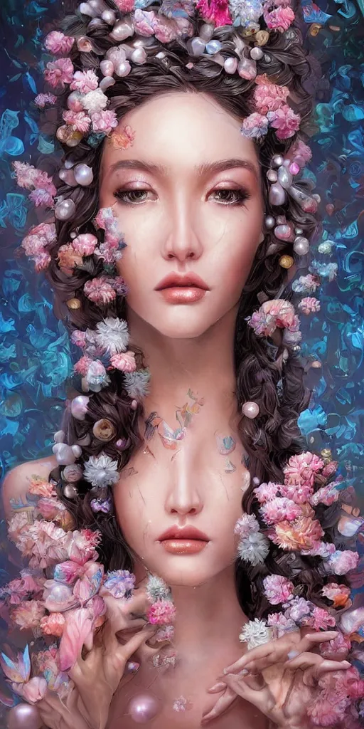 Prompt: beautiful, young woman, turning into a tree, standing full body, detailed gorgeous face, sad eyes, vaporwave aesthetic, synthwave long luxurious gown made out of pearls, hair done up with flowers and ribbons, digital art, flowers, butterflies, birds, painting, artstation, concept art, smooth, sharp focus, illustration, art by artgerm and greg rutkowski and alphonse mucha