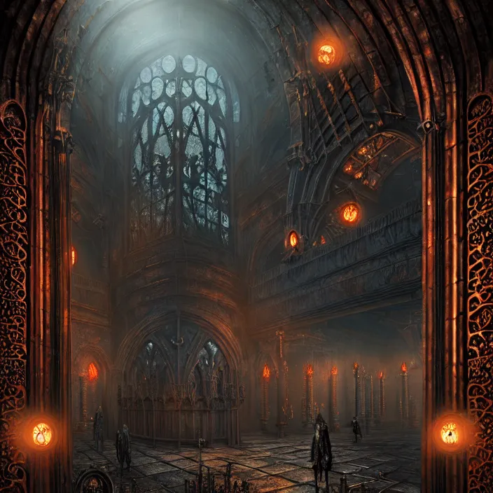 Image similar to steam necropolis, memento mori, gothic, neo - gothic, art nouveau, hyperdetailed copper patina medieval icon, stefan morrell, philippe druillet, ralph mcquarrie, concept art, steampunk, unreal engine, detailed intricate environment, octane render, moody atmospherics, volumetric lighting, ultrasharp, ominous, otherworldly