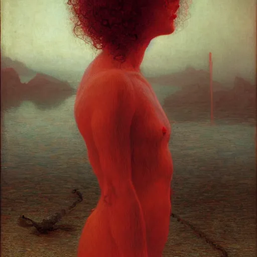 Image similar to portrait, shore of the lake, woman, wrapped around by tubes and cables, short black curly hair, glowing red, by edgar maxence and ross tran, zdzisław beksinski, and michael whelan, distant, gustav dore, h. r. giger, 8 k, octane render