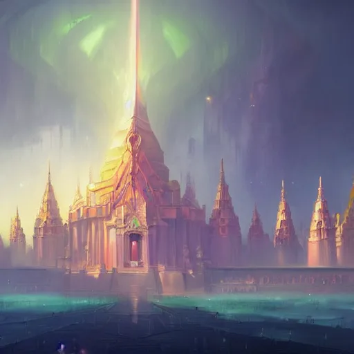 Image similar to grand palace temple for leader of galactic empire by peter mohrbacher, vivid colors, matte painting, 8K, concept art, mystical color scheme, trending on artstation