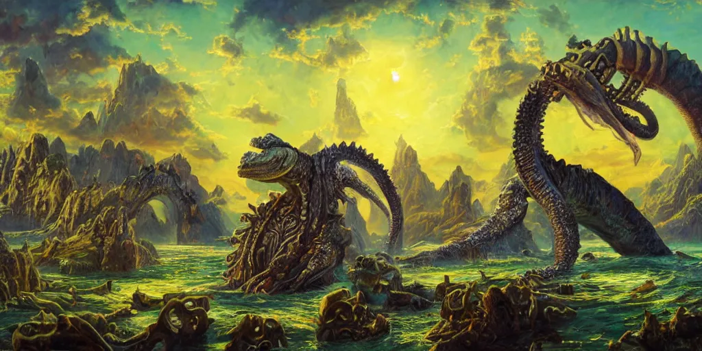 Image similar to fantasy oil painting, great leviathan, cybernetic turtle cephalopod terrapin reptilian pachyderm squid, bella hadid, hybrid, milla jovovich, anubis epic islamic city, natural light, lush plants flowers, spectacular mountains, bright clouds, luminous sky, outer worlds, golden hour, michael cheval, edward hopper, michael whelan, hd