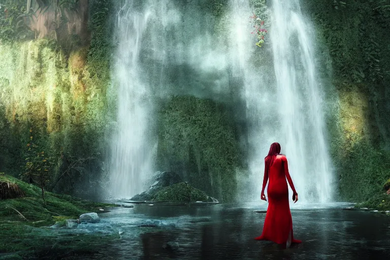 Image similar to a woman in a red dress is standing under the waterfall, post apocalypse, green everywhere, 4k, ultra details, cinematic, epic style, beautiful photo, hyper realistic, octane render, unreal engine, award winning, on artstation, volumetric lightning, masterpiece, golden hour,
