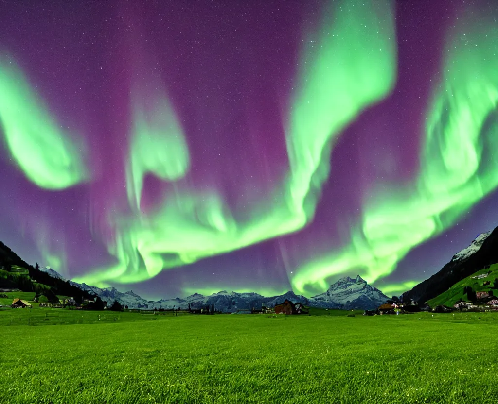 Prompt: Switzerland during beautiful green grass spring with northern lights in the sky