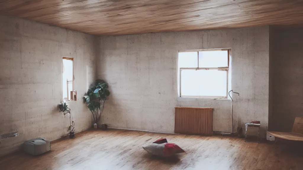 Image similar to dslr photograph of a living room, wooden floor, concrete wall