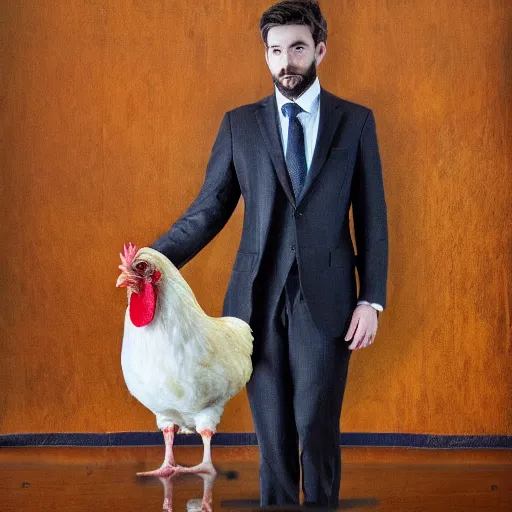 Image similar to a high quality photo of a chicken wearing a suit, realism, 8k