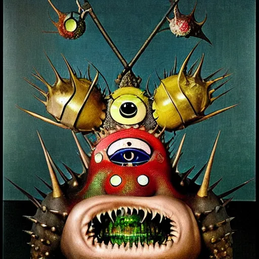 Prompt: a monster with complex textures and a misshapen body with scales and spikes, by hieronymus bosch, by takashi murakami, angry, matte, iridescent, paraffin wax, liquid crystal, mushrooms