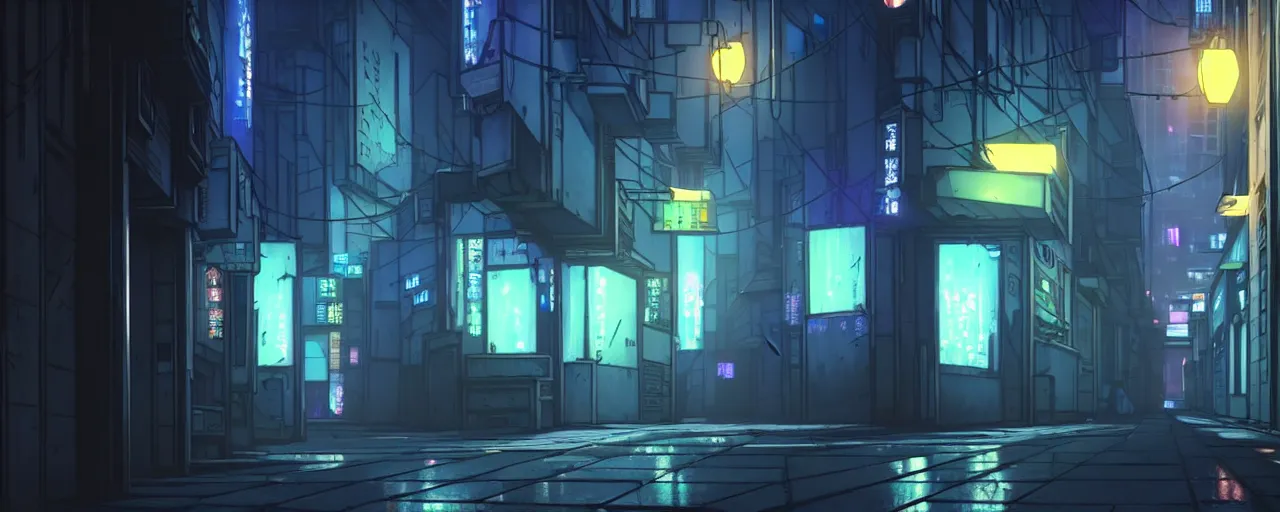 Image similar to a close up of a city alleyway in the atmospheric cyberpunk anime film, gouache matte background painting, neon noir, at night with lights, by makoto shinkai, in the anime series ergo proxy, beautiful specular edge highlights and rim lighting