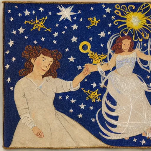 Image similar to The collage features a woman with wings made of stars, surrounded by a blue and white night sky. The woman is holding a staff in one hand, and a star in the other. She is wearing a billowing white dress, and her hair is blowing in the wind. leather, kokedama by Mark Briscoe terrifying