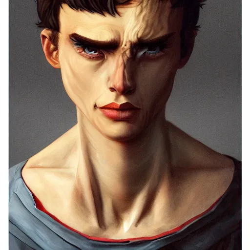 Prompt: A boy who was turned into a freak and became a villain, Graceful body structure,cute,Symmetrical face,highly detailed,elegant,Marc Simonetti and Caspar David Friedrich, Trending on artstation,depicted as leaaked art for a TV show