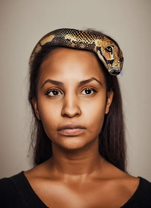 Prompt: portrait of a 2 3 year old woman, symmetrical face, a snake on her head, she has the beautiful calm face of her mother, slightly smiling, ambient light