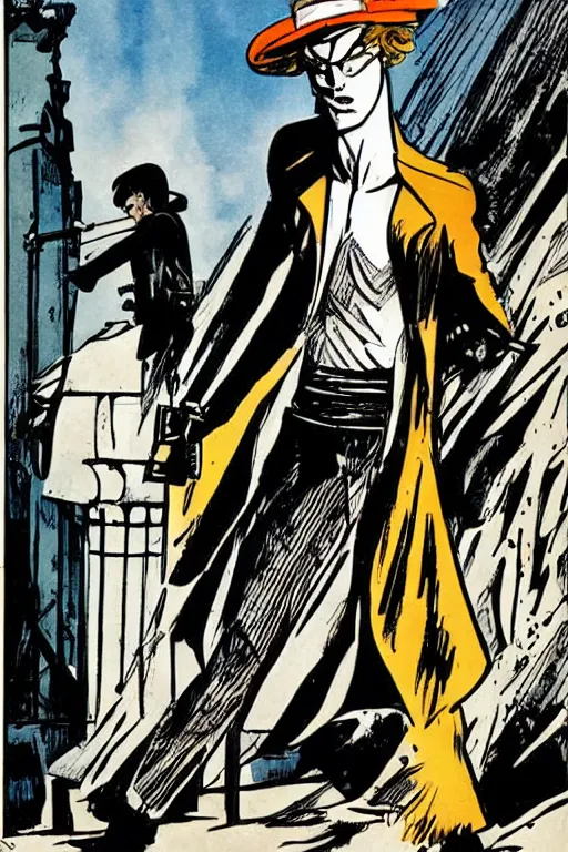 Prompt: sandman comic book, illustration, art by hugo pratt, corto maltese art style