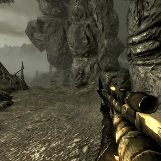 Image similar to skyrim re - imagined as a first person shooter. the player is holding a rifle with a scope.