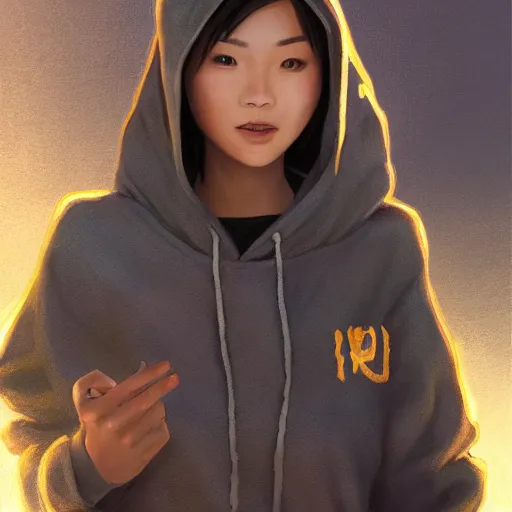 Image similar to a beautiful Filipina-Chinese woman wearing a UCR hoodie and shorts, portrait, highly detailed, digital painting, artstation, concept art, sharp focus, illustration, cinematic lighting, art by artgerm and greg rutkowski and alphonse mucha