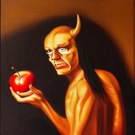 Prompt: a devil posing while holding an apple, oil on canvas