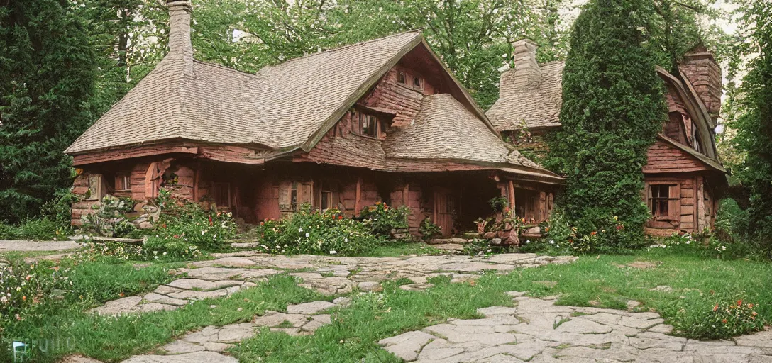 Prompt: house in carpathian vernacular style. outdoor landscaping designed by frederick law olmsted. fujinon premista 1 9 - 4 5 mm t 2. 9. portra 8 0 0.