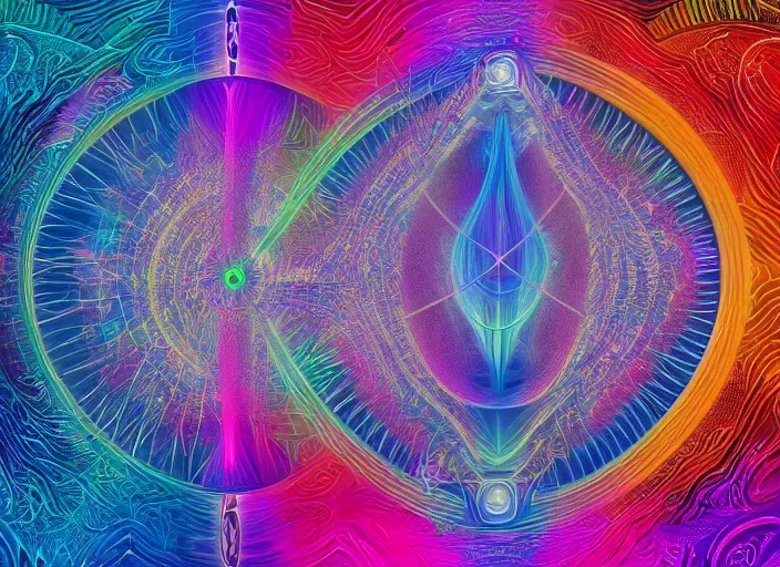 Image similar to trasnformation into transcendence into collaborative intelligence, endless collaboration with ai, connectedness, body, by alex grey, album cover, award winning, beautiful, colorful, volumetric lighting, trending on artstation, cinematic