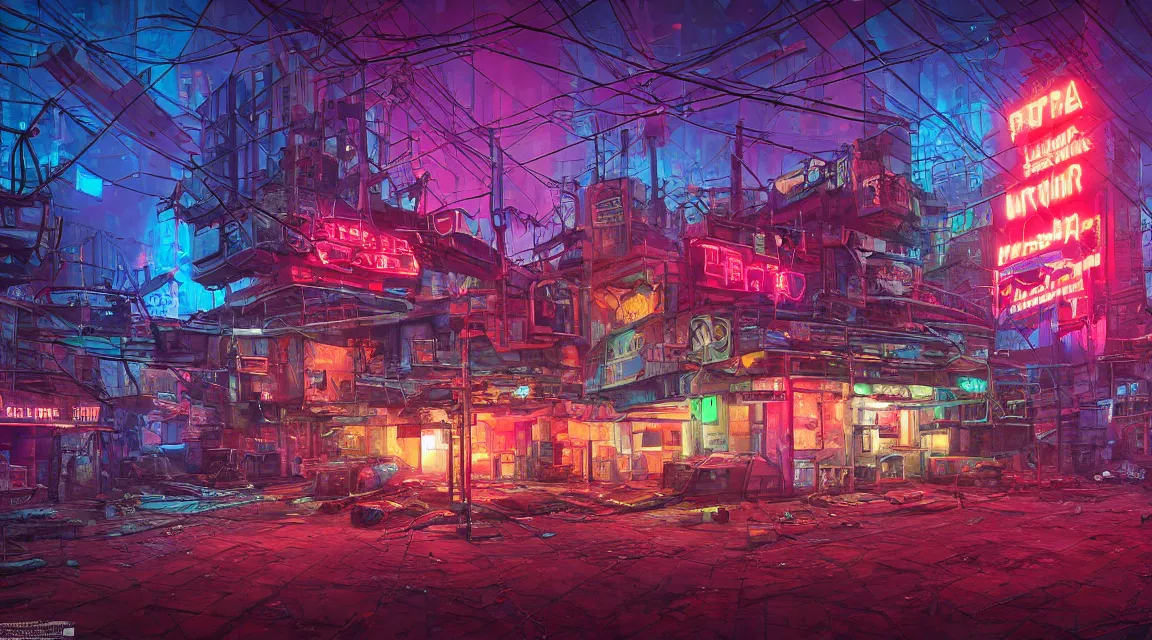 Prompt: post apocalyptic building, cyberpunk neon retro, by Vladimir Manyukhin, by Simon Stålenhag, by Guido Borelli, deviantart, trending on artstation, Photorealistic, vivid colors, polychromatic, glowing neon, geometric, concept art digital illustration, polished, beautiful, HDR Unreal Engine 64 megapixels IMAX Terragen 4.0, 8k resolution concept art filmic complex utopian mysterious moody futuristic