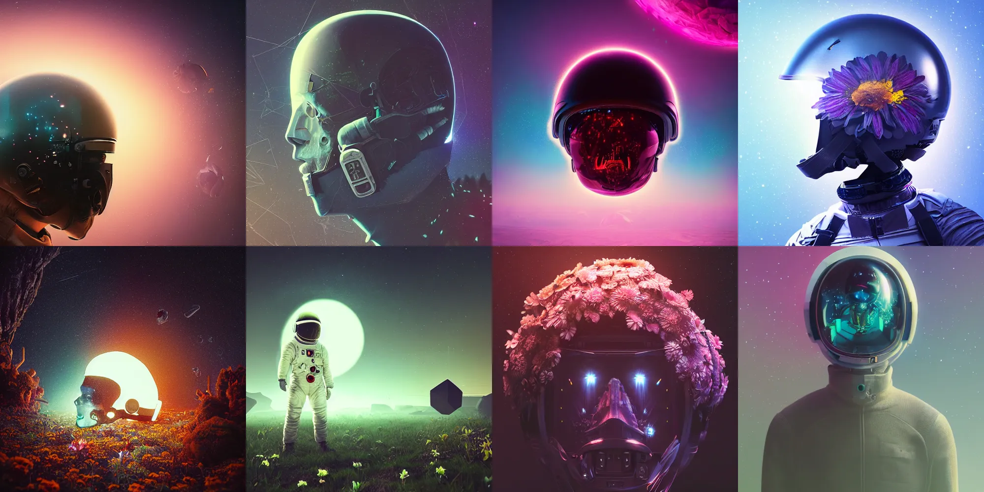 Image similar to beautiful dark landscape, astronaut cracked helmet skull head, beautiful flowers growing, in the style of beeple and mike winkelmann, intricate, epic lighting, cinematic composition, hyper realistic, 8 k resolution, unreal engine 5, raytracing, ultraviolet colors,