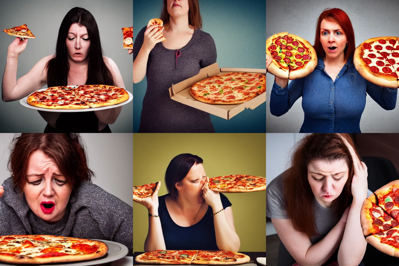 Prompt: Scottish woman regretting eating all the pizza, photo, detailed, 4k