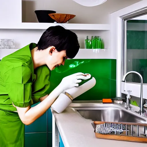 Prompt: skinny women, handsome face, white tooths, washing dishes in small kitchen, kitchen is green color, detailed, full hd, digital art