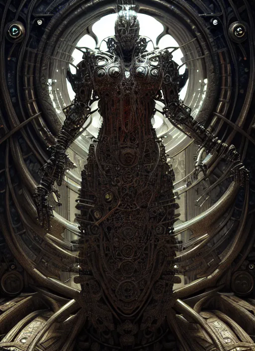 Prompt: timeless cybernetic deity, intricate detail, royo, whealan, giger, klimt, hd, octane render, unreal engine,