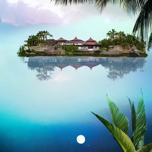 Image similar to Floating palace, moon reflecting on the water, thunderstorm, greek pool, beach and Tropical vegetation on the background major arcana sky, vogue magazine, y2k aesthetic, hyperrealistic 8k, award-winning, very very very detailed