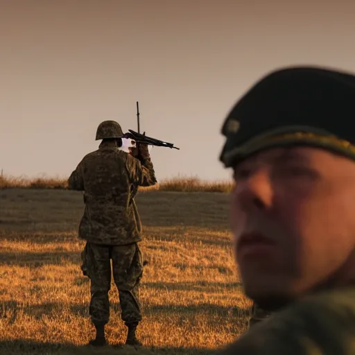 Prompt: cinematic photo of Hooded innocent man, his hands are tied behind his back, he is standing 20 feet from a line of military men with their rifles pointed at him, firing squad, award winning, golden hour